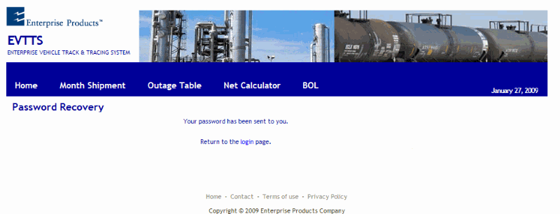 Password Recovery Confirmation screen