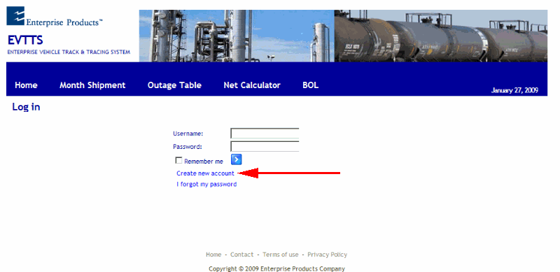 Log in screen