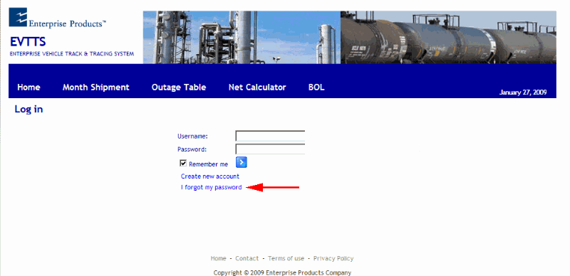 Log in screen
